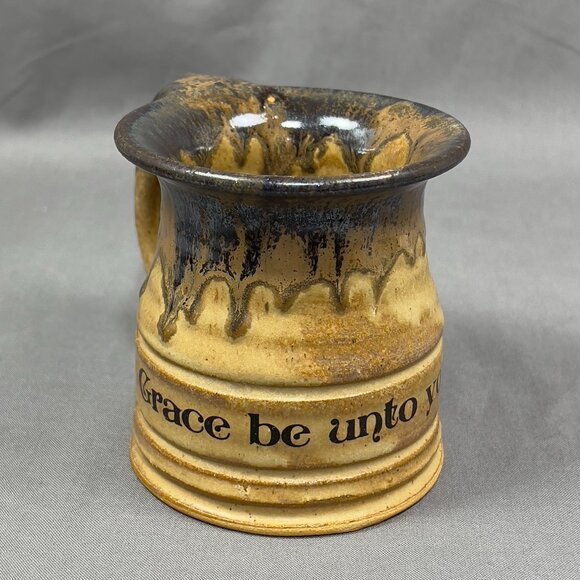 Jack Pott Stoneware Art Pottery Coffee Mug Grace Be Unto You Brown Drip Glazed - Picture 2 of 13